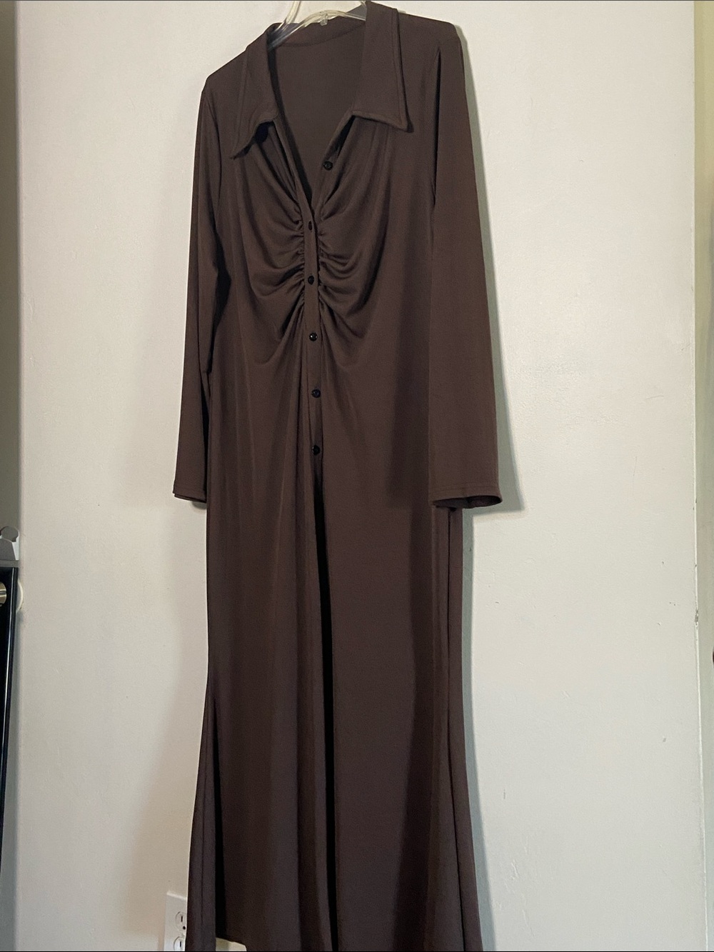 Long Brown Ruched-Front Shirt Dress